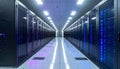 Data center server room with rows of glowing servers and bright overhead lighting technology Royalty Free Stock Photo