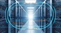 Futuristic data center corridor with glowing blue and orange digital network connections over server racks Royalty Free Stock Photo