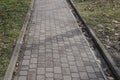 Long alley of gray paving slabs along the green grass Royalty Free Stock Photo