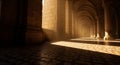 Ancient Stone Corridor With Dramatic Sunlight Rays Streaming Through Arches architecture Royalty Free Stock Photo