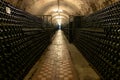 A long antique cellar with lots of aged wine bottles. Sparkling wine production