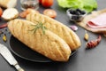 Long Baguette bread close up, bread and food ingredients for sandwich. Cooking breakfast or fast food Royalty Free Stock Photo