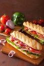 Long baguette sandwich with ham cheese tomato lettuce Royalty Free Stock Photo