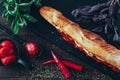 Long baguette sandwich with lettuce, vegetables, salami, chili and cheese on black background Royalty Free Stock Photo