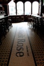 Long bar and stools inside famous restaurant, The Black Rose,Boston,Mass,2014