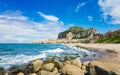 Long beach and blue sea near Cefalu, Sicily, Italy Royalty Free Stock Photo