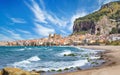 Long beach and blue sea near Cefalu, Sicily, Italy Royalty Free Stock Photo