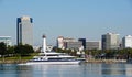 Long Beach, California, U.S.A - November 12, 2022 - Catalina Express boat with the background of the buildings in the city along Royalty Free Stock Photo