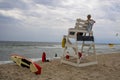 Long Beach Island, New Jersey, USA, 02-25-20 Summer day at the beach Lifeguard and tower with sunny sky with rescue can and fins Royalty Free Stock Photo