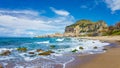 Long beach near Cefalu, town on Tyrrhenian coast of Sicily, Italy Royalty Free Stock Photo