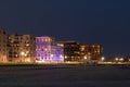 Long Beach, New York - September 21, 2020 : The Long Beach boardwalk at night, with the Allegria Hotel lit up Royalty Free Stock Photo