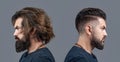 Long beard Hair style hair stylist. Vs. Male beauty, comparison. Shaving, hairstyling. Beard, shave before, after
