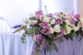 Long and beautiful composition from fresh flowers on a table. Royalty Free Stock Photo