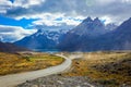 Long Beautiful Road to the Mountains in the Torres Del Paine National Park, Chile Royalty Free Stock Photo
