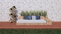 long bench sofa on wooden floor swimming pool deck with small plant Royalty Free Stock Photo