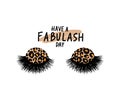 Long black lashes vector illustration. Leopard print eyeshadow. Beautiful Eyelashes isolated on white. For beauty salon