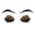 Long black lashes vector illustration. Leopard print eyeshadow. Beautiful Eyelashes isolated on white. For beauty salon Royalty Free Stock Photo