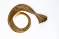 Long blond hair donation tightened with violet ribbon ponio for cancer patient on white background. Natural material for making