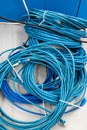 Long blue network cable cord bunch set on a work benc Royalty Free Stock Photo
