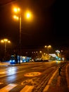 Long blue tram ride through the Kosciuszki square at night