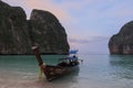 Long boat and blue water at Maya bay in Koh Phi Phi Leh Island, Krabi Thailand.