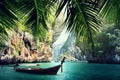 Long boat and rocks on beach in Krabi Royalty Free Stock Photo