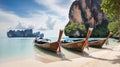 Long boat and rocks on railay beach in Krabi, Thailand Royalty Free Stock Photo