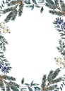 Christmas long border with watercolor hand painted winter greenery, pine, fir tree branches and white berries with copy space. Royalty Free Stock Photo