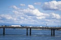 Long bridge across the Columbia River with heavy traffic of semi Royalty Free Stock Photo