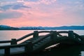 Long bridge by China West Lake at Sunset Royalty Free Stock Photo