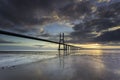 Long bridge over tagus river in Lisbon at sunrise Royalty Free Stock Photo