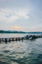 Long Bridge over West Lake with hills under sunset in the distance, in Hangzhou, China Royalty Free Stock Photo