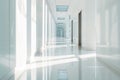 Long bright corridor in scientific laboratory building. Clean white hallway. Generative AI Royalty Free Stock Photo