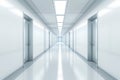 Long bright corridor in scientific laboratory building. Clean white hallway. Generative AI Royalty Free Stock Photo