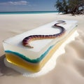 Long brown snake on a beach embedded slaying on an icy jelly rectangle brick