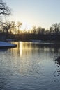 A long calm view of the bridge over the lake Royalty Free Stock Photo