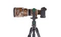 Long camouflaged professional supertele on tripod Royalty Free Stock Photo