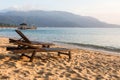 Long chairs on a beach in Pulau Tioman, Malaysia Royalty Free Stock Photo