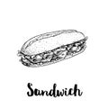 Long chiabatta sandwich with ham slices, cheese, tomatoes and lettuce leaves. Hand drawn sketch style. Fast food drawing for resta Royalty Free Stock Photo