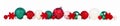Long Christmas border of red, white and green ornaments isolated on white