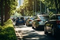 a long city traffic jam on a summer day of cars idling and polluting the air with exhaust emissions,the concept of automotive Royalty Free Stock Photo