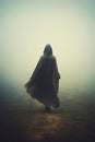 long cloak. mysterious person walking a fantasy landscape. foggy and smokey background.