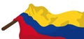 Long Colombian tricolor flag with short wooden flagpole, Vector illustration