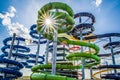 Colorful water slides in aquapark Royalty Free Stock Photo