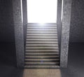 A long concrete staircase leading to the light. 3d render. The concept of freedom.