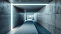 Long concrete tunnel background, perspective view of futuristic hallway and lines of led neon light. Modern empty abstract garage Royalty Free Stock Photo