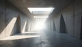 Long concrete tunnel hallway rectangular skylights on ceiling. Bright light from opening at end creates geometric shadows on grey Royalty Free Stock Photo