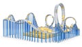 Long conveyor belt in the form of rollercoaster with hills and downturns and loops, boxes moves along the line, conveyor delivery