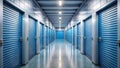 A long corridor of blue storage units with reflective floors and lighting. Generative AI Royalty Free Stock Photo