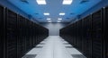Modern data center server room with rows of high performance computing racks and bright overhead lighting Royalty Free Stock Photo